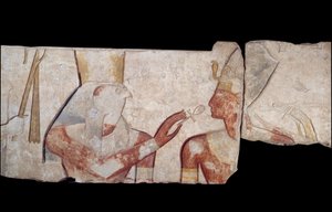 Muinainen egyptiläinen taide: Kuningas Ramses II esitellään jumalallisille Horukselle, Amonille ja Hathorille, jotka antavat hänelle elämän ja kuninkaalliset arvomerkit. Matala kalkkikivireliefi Ramses II a Abydoksen temppelistä noin 1250 eaa. 19. dynastia tekijältä School Egyptian