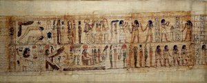 Muinaisen Egyptin taiteen mytologinen Serimenin papyrus. Päälle: maailman luomisen aikana jumala Geb (Maa) on erotettu jumalatar Noutista (taivas); jumalia ja henkiä alusta alkaen. Alla: Serimen kunnioittaa aurinkoa, joka tulvii ra:llaan tekijältä School Egyptian