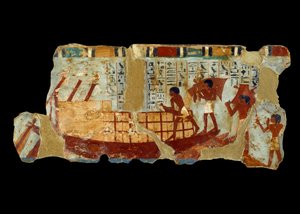 Muinainen egyptiläinen taide: jyvien lastaus veneeseen Ounoun haudasta (1450 eaa.) peräisin oleva lietemaalaus. tekijältä School Egyptian