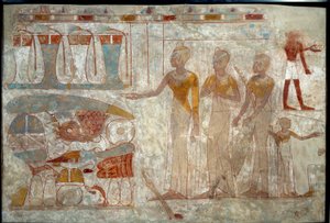 Muinainen egyptiläinen taide: muusikot juhlaillassa. Maalaus lieteelle (noin 1400 eKr.). tekijältä School Egyptian
