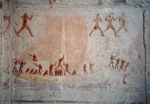 Egyptiläinen antiikki: purjevene. Kalkkikivireljeef Akhethetep Mastaban kappelista Saqqarassa. 5. dynastia (noin 2500-2350 eKr.) 2300 eaa. Pariisi, Louvre-museo tekijältä School Egyptian