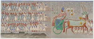 Thebes, Medynet-Abu: värillinen bareljeefi, kaiverrettu palatsin peristylen eteläiseen galleriaan - "" Egyptian Antiquites -kirjassa", T.II tekijältä School Egyptian