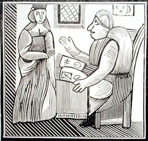 Nainen hakee opastusta Soothsayerilta, kopio kuvasta "The History of Mother Bunch of the West" -kokoelmasta esoteerista c14th-c17th (puupiirros) tekijältä School English