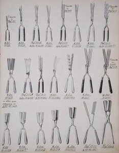 Hiusten kiharrin pihdit, kotimaisten tavaroiden ja tarvikkeiden kauppaluettelosta, n. 1890-1910 (väri litho) tekijältä School English