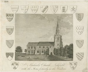 Lichfield - Pyhän Mikaelin kirkko: kaiverrus ja [?1700-luvun loppu] (painettu) tekijältä School English
