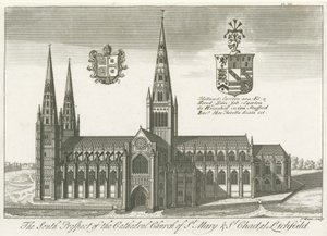Lichfield Cathedral - South View: kaiverrus ja [?1700-luvun alku] (tulostus) tekijältä School English