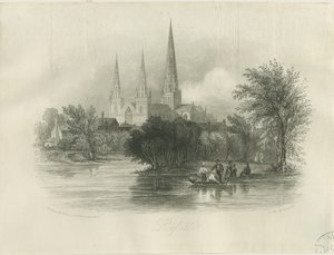 Lichfieldin katedraali - Lounaisnäkymä: kaiverrus (vinjetoitu), nd [c 1842] (tulostus) tekijältä School English