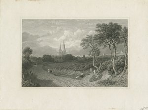 aLichfield Cathedral - West View (kaukainen): kaiverrus ja [?1700-luku] (painettu) tekijältä School English