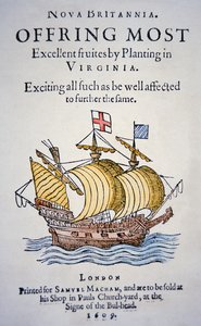 Pamfletti, joka kannustaa siirtolaisia menemään Virginiaan Amerikkaan, julkaistu vuonna 1609 (värilitho) tekijältä School English