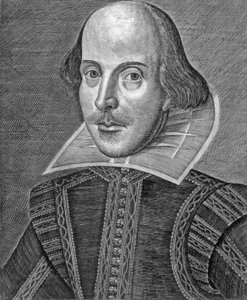 Muotokuva William Shakespearesta, kaiverrettu Martin Droeshout (n. 1560-n. 1642) tekijältä School English