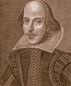 Muotokuva William Shakespearesta, kaiverrettu Martin Droeshout (n. 1560-n. 1642) tekijältä School English