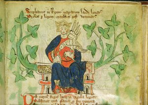 Roy.20 A II f.7 Kuningas Stephen valtaistuimelle, kirjoitettu Edward II:n hallituskaudella (1284-1327) tekijältä School English