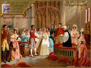 Kuningatar Victorian ja prinssi Albertin avioliitto vuonna 1840, Liebig-kortti (painettu) tekijältä School English