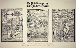 Kolumbuksen laskeutuminen Espaniolaan Baselissa vuonna 1494 julkaistun nykypäivän pamfletin jälkeen (litho) tekijältä School English