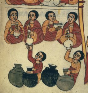 Juomakohtaus teoksesta Siunatun Neitsyt Marian ihmeet (vellum)