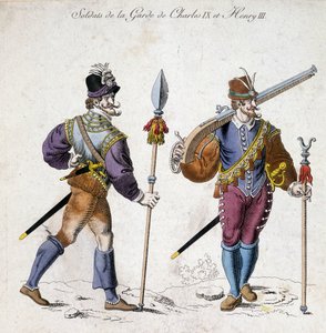 Kaarle IX:n (1550-1574) ja Henrik III:n (1574-1589) sotilaiden puvut. tekijältä School French