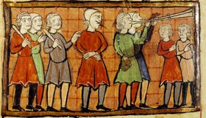 El fals testimoni amb la llengua perforada condemna a vagar pels carrers de la ciutat precedit per trompetistes en miniatura del manuscrit de Citeaux. Angers, Biblioteca Municipal finlandesa tekijältä School French