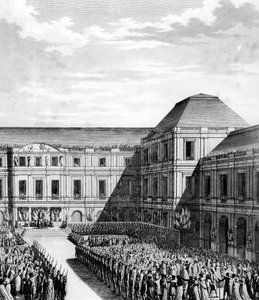 Napoleon I Bonaparten (1769-1821) juhlat National Palace of Directoryssa (Luxemburgin palatsi) Pariisissa Campo Formion kaupan jälkeen 20. perjantaina VI. (10. joulukuuta 1797). Pariisi, Vallankumouksen historian instituutin kirjasto tekijältä School French