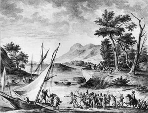 Ranskan vallankumous: Ranskan suurlähettiläiden Charles Louis Huguet de Semonvillen (1759-1839) ja Hugues Bernard Maretin (1763-1839) pidätys Novatessa 25. heinäkuuta 1793. Kaiverrus ja piirustus Duplessi - Bertaux. Pariisi, Revolun historian instituutin k tekijältä School French
