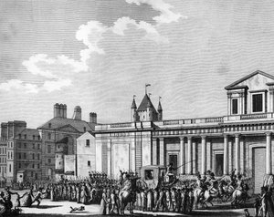 Revolução Francesa: Transferência da família real (Luís XVI, Maria Antonieta, o golfinho Louis Charles de France ou Luís XVII e Maria Teresa conhecida como “Madame Royale”) para a prisão do Templo em Paris em 13 de agosto finlandês tekijältä School French