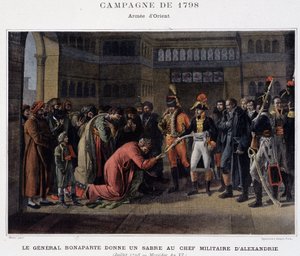 Kenraali Bonaparte antaa miekan Aleksandrian sotilasjohtajalle - teoksessa Victoires et Conquêtes des Armees Francaises, Paris, n.d. tekijältä School French