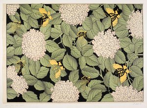 Japanilainen kukkakuvio, kuvitus "Olga Hirsch -kokoelmasta koristeltuja papereita" (värillinen puupainatus) tekijältä School French