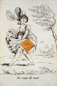 Vanha kortti pelattavaksi: timanttiässä - "" Tuulenpuuska"" nostaa naisen hameta. Musée de la Carte à Joucher, Issy-les-Moulineaux. tekijältä School French