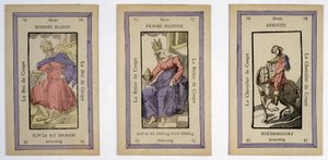 Vanhoja kortteja pelaamiseen kuninkaan (vaalea mies), kuningattaren (blondi nainen) ja ratsastajan (maali) kupin kanssa. Musée de la Carte à Joueur, Issy-les-Moulineaux. tekijältä School French