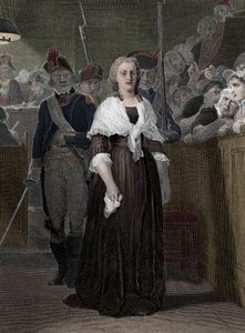 Kuningatar Marie Antoinette (1755-1793) Vallankumoustuomioistuin tuomitsi lokakuussa 1793” (Ranskan kuningatar Marie-Antoinette (1755-1793) oikeudenkäynnin aikana vallankumouksellisessa oikeudessa, lokakuu 1793)