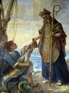St Pol de Leon saa kalan mukana Batzin saarella kellon, jonka kuningas Mark oli kieltänyt häneltä Ouessantissa, v. 530 - maalaus Morlaixin kirkosta tekijältä School French