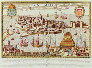 Näkymä satamaan ja linnoitettuun Saint Malon kaupunkiin, joka sijaitsee Bretagnen rannikolla tekijältä School French