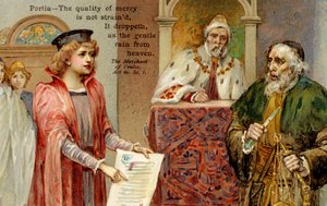 Näytöksen IV kohtaus I William Shakespearen teoksesta "Venetsian kauppias" (painettu). tekijältä School German