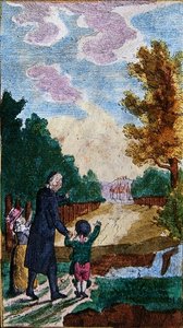 Lapset ja heidän opettajansa Nuernbergissä julkaistusta teoksesta "Le Nouveau Chemin du Plaisir", 1700-luvun loppupuoli tai 1800-luvun alku (värillinen puupiirros). tekijältä School German