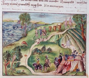 MS Add.15217 fol.40 Venezuelan maisema espanjalaisleirillä, Nürnbergin Coelerin perheen muistelmakokoelmasta tekijältä School German