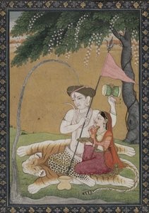 Shiva ja Parvati tiikerin iholla, n. 1800 (akvarelli kullalla ja hopealla) tekijältä School Guler