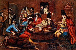 Prinssi Ferenc Rakoczi II:n kapinallissotilaat rentoutumassa kumppaneiden kanssa (värilitho) (unkarilaisen 1600-luvun maalauksen mukaan)
