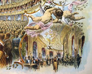 Somossy Orfeumin kävelykatu Budapestissa, 1800-luvun loppupuoli (värilitro)