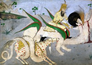 Ratsastettu soturi hyökkäämässä lohikäärmettä vastaan, kuvitus intialaisista mystikoista (muste paperille kiinnitettynä korttiin) tekijältä School Indian