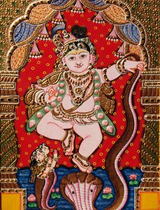 Kohokuvio Lord Bal Krishna Tanjore maalaus tekijältä School Indian