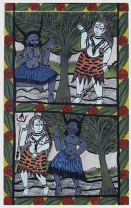 Kama, halun jumala, lähettää rakkausnuolen Shivalle meditaatiossa yhdistyäkseen Parvatin kanssa. Pat: Bengalin alueen maalattu rulla, joka toimii kerrontavälineenä laulajille Baoulille (Baul). Leonard de Selvan yksityinen kokoelma.