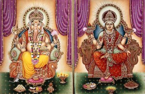Lord Ganesh Ganpati jumalatar ja Lakshmi miniatyyri maalaus Ivory tekijältä School Indian
