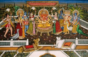 Lord Ganesh Ganpati Brahman, Vishnun, Shivan, Durgan kanssa, miniatyyrimaalaus paperille tekijältä School Indian