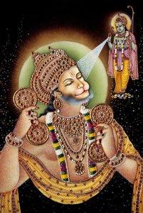 Lord Hanuman ja Rama miniatyyri maalaus paperille tekijältä School Indian