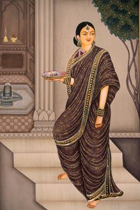 Marathi Lady menossa temppeliin miniatyyri maalaus paperille tekijältä School Indian