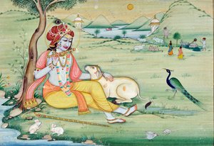 Miniatyyri maalaus Krishna soittaa huilua tekijältä School Indian