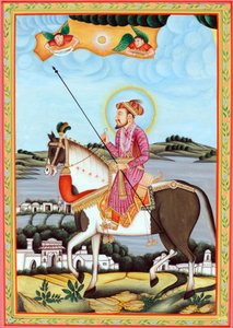 Pienoiskoossa maalauksen Mughal keisari Shah Jahan istuu hevosen selässä tekijältä School Indian