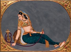 Pienoiskoossa maalaus paperille Lady nauttii vesipiippu tekijältä School Indian