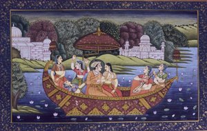 Mughalin miniatyyrimaalaus paperille, kuningas Rakkauskohtaus ja musiikista nauttiminen veneessä tekijältä School Indian