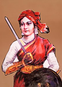 Rani Laxmibain muotokuva Jhansin kuningatar, Intian ensimmäisen itsenäisyyssodan suuri vapaustaistelija, Intian kapina 1857-58 (värilitografia)