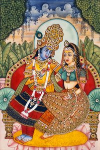 Radha Krishna miniatyyri maalaus norsunluun päällä tekijältä School Indian
